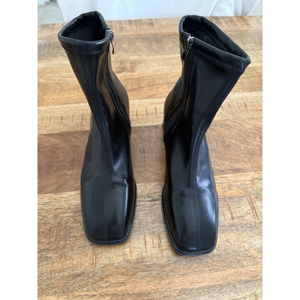 Womens Black Ankle Boots Size 40 US 9 Square Toe Block Heel Zip